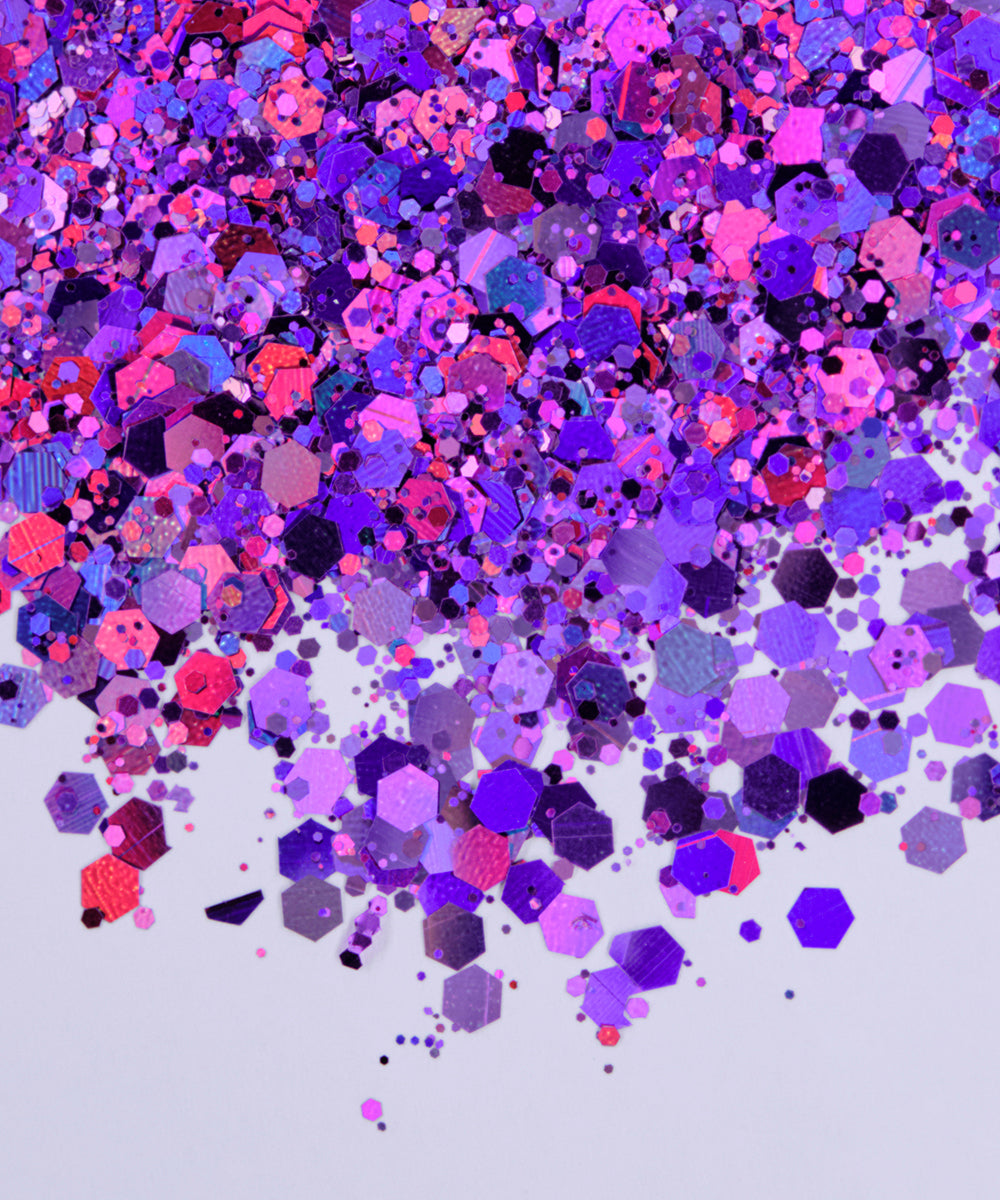 Glitter Chunky hexágonos distintos tamaños morado