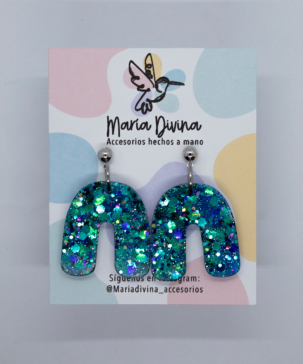 Aros arco glitter turquesa baño de plata