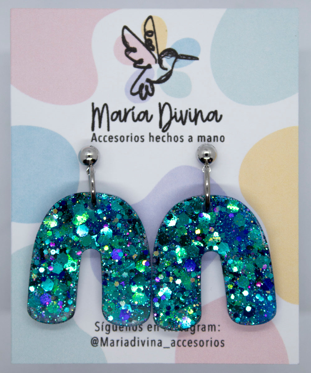 Aros arco glitter turquesa baño de plata