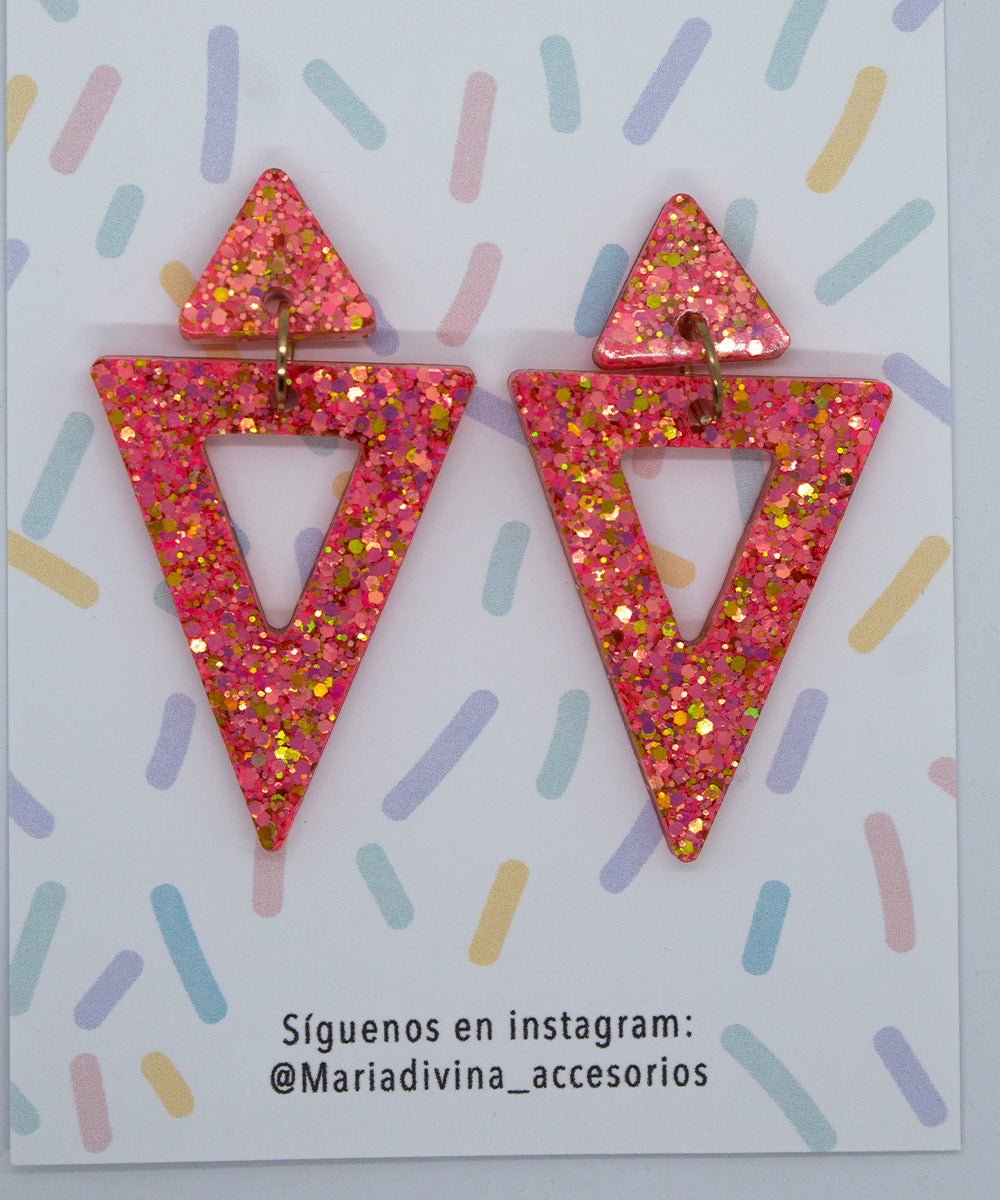 Aros triangulares glitter rosa y dorado