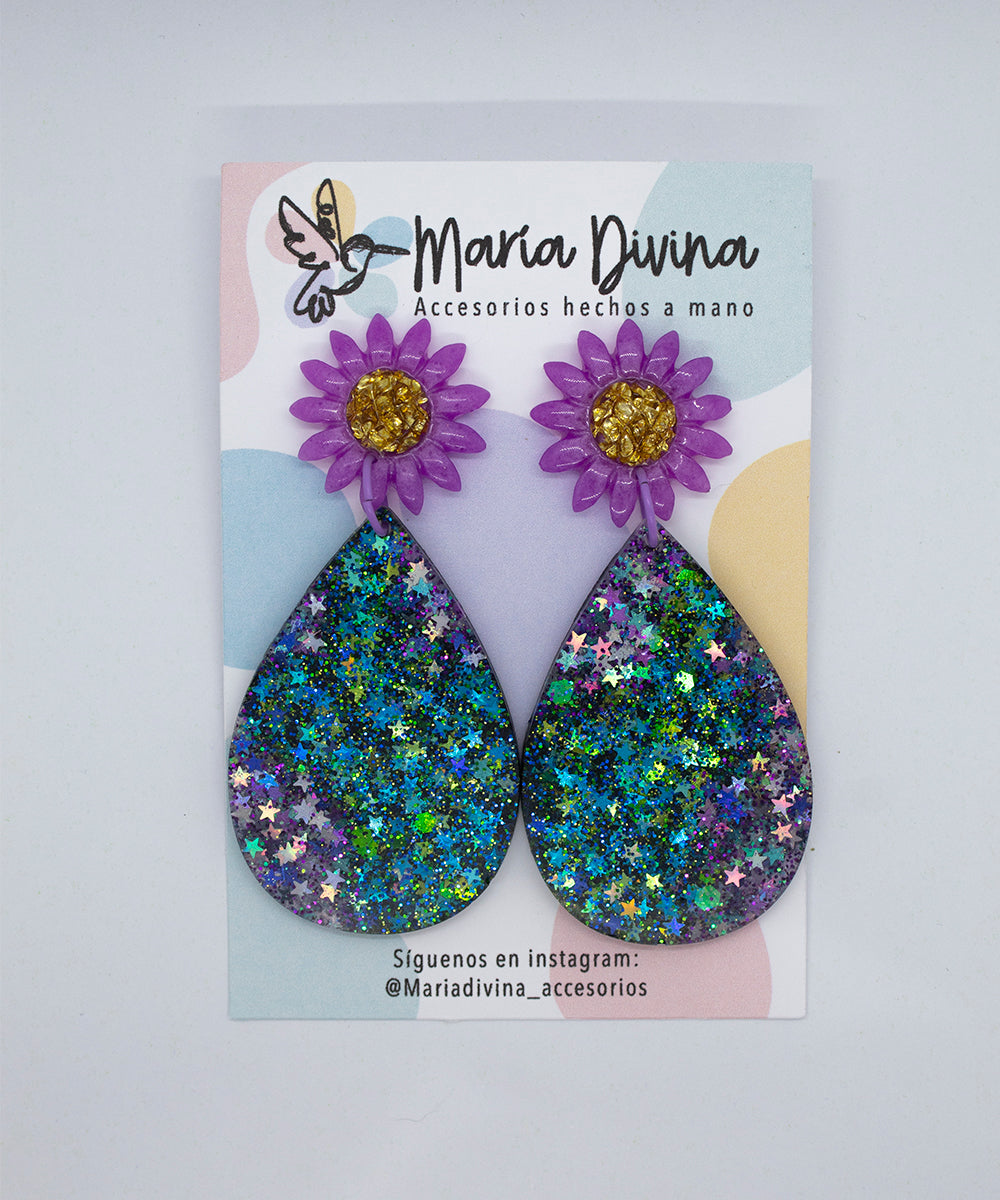 Aros flor y gota glitter de estrellas