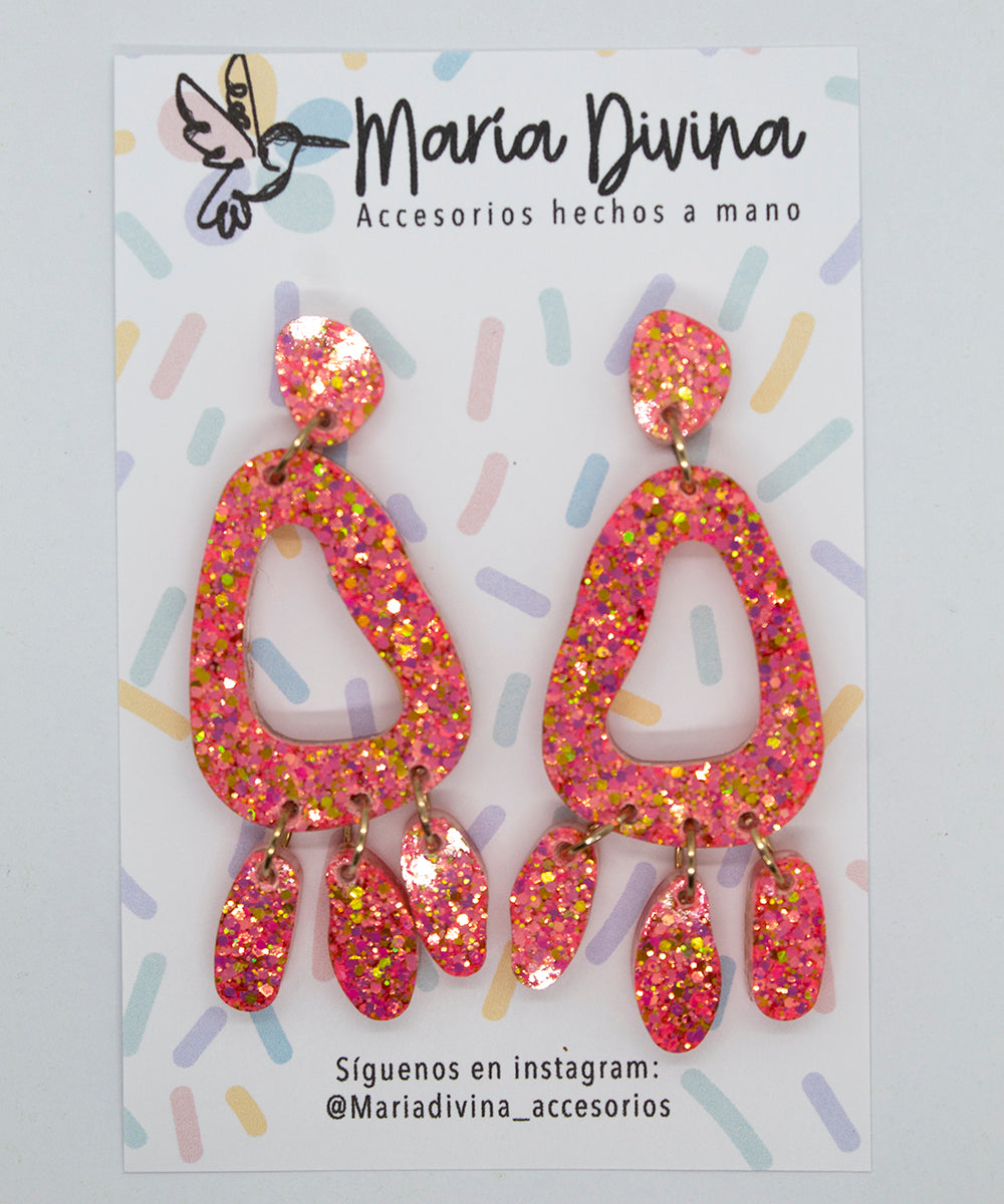 Aros colgantes glitter rosado y dorado