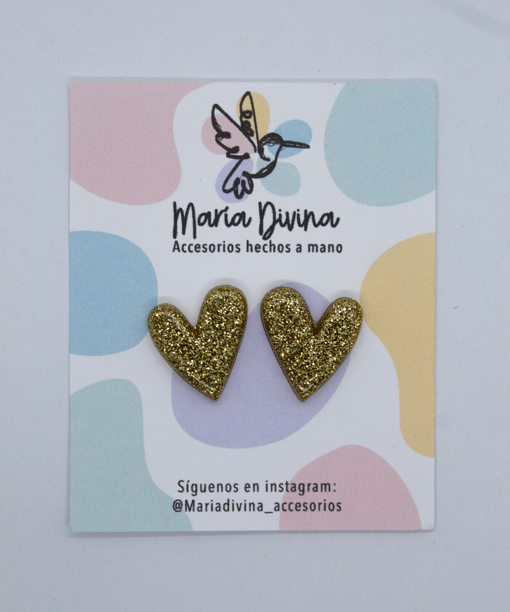 Aros corazón glitter dorado