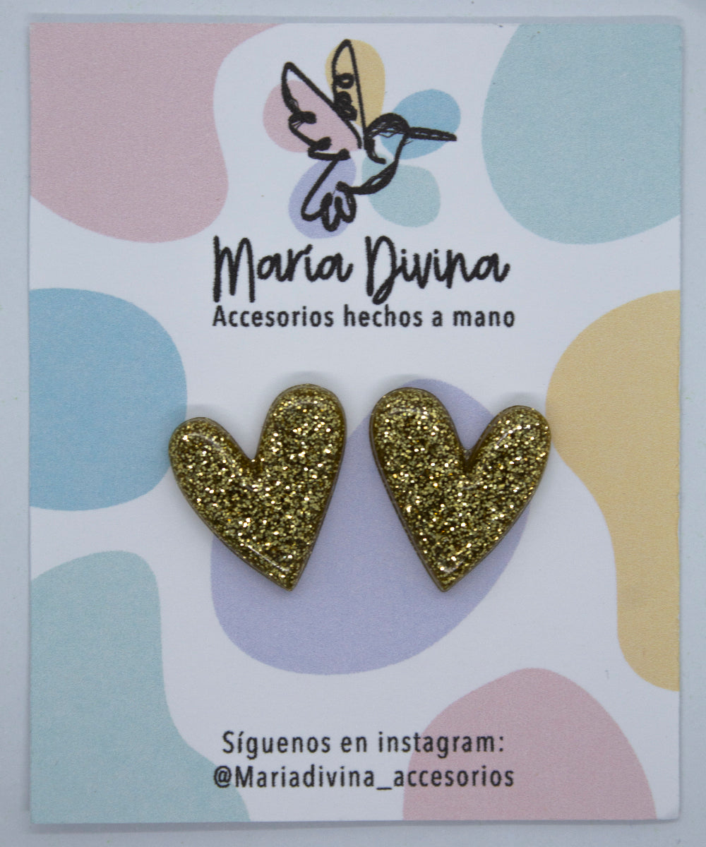 Aros corazón glitter dorado