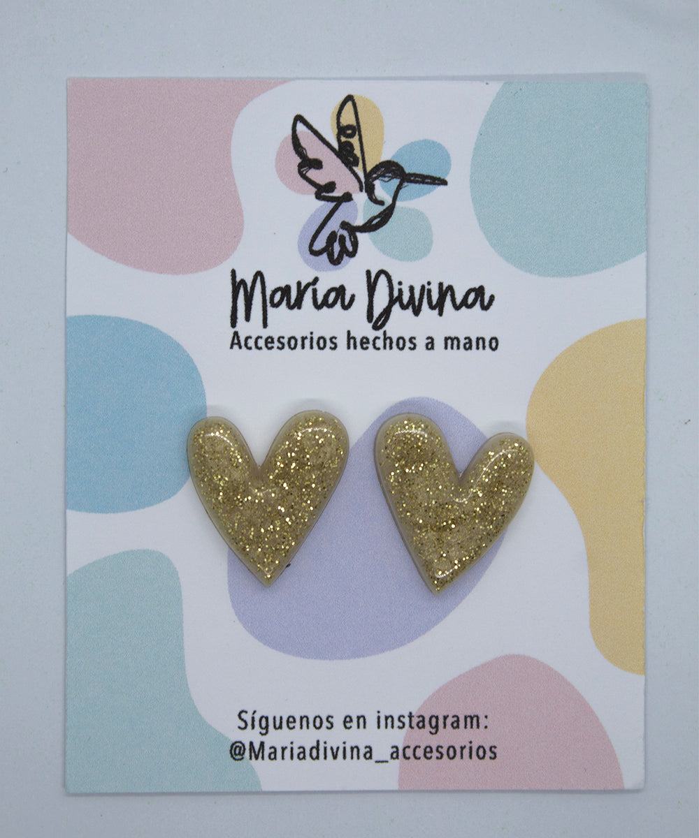 Aros corazón crema y glitter dorado