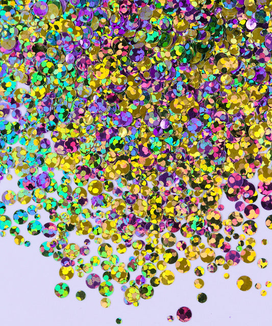 Glitter Chunky círculos verde, amarillo y morado
