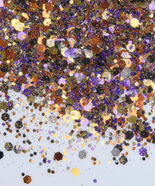 Glitter Chunky hexágonos dorado, naranjo y morado
