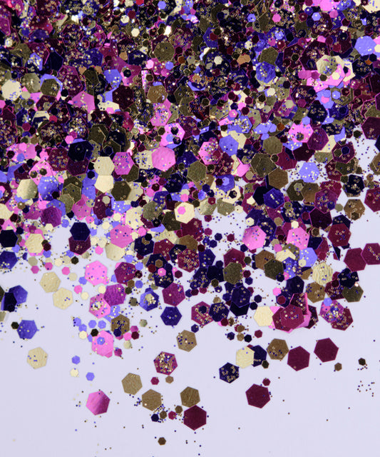 Glitter Chunky hexágonos dorado, magenta y morado