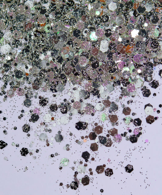 Glitter Chunky hexágonos de distinto tamaño plateado
