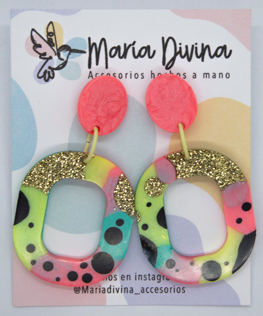 Aros de argollas medianas multicolor y glitter dorado