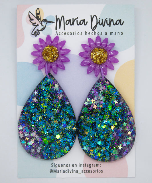 Aros flor y gota glitter de estrellas