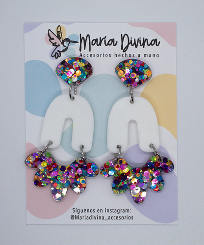 Aros colgantes extra largos, blanco y glitter