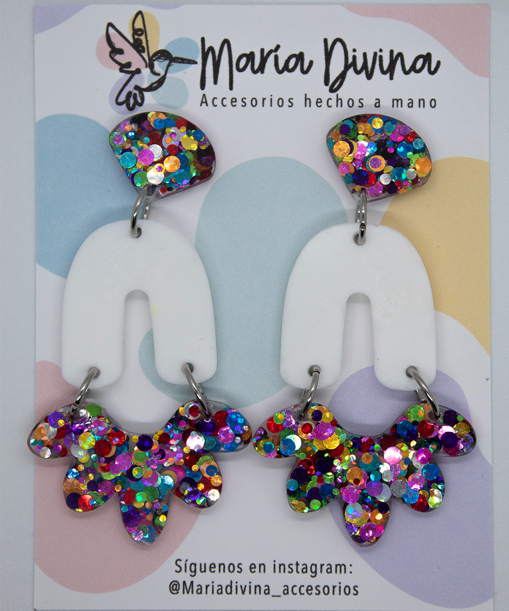 Aros colgantes extra largos, blanco y glitter