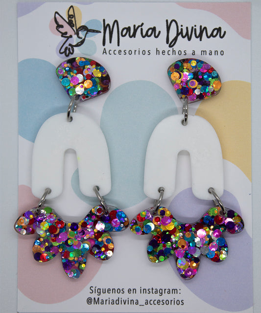 Aros colgantes extra largos, blanco y glitter