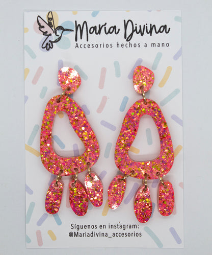 Aros colgantes glitter rosado y dorado