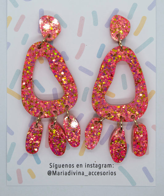 Aros colgantes glitter rosado y dorado