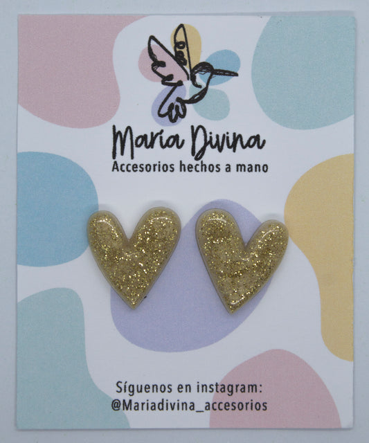 Aros corazón crema y glitter dorado